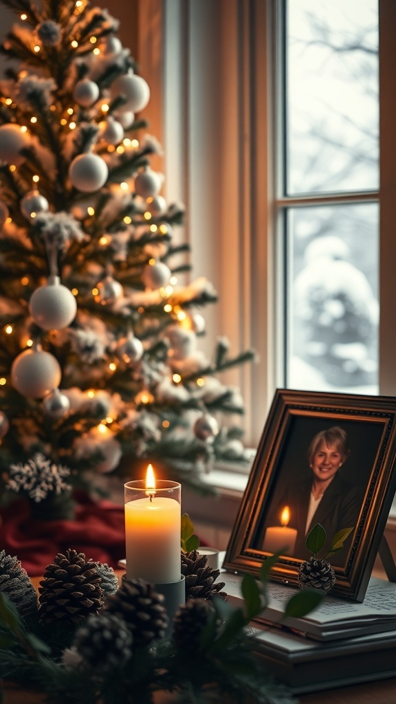 A cozy Christmas scene with a tree, candlelight, and a photo of a loved one, evoking feelings of remembrance.